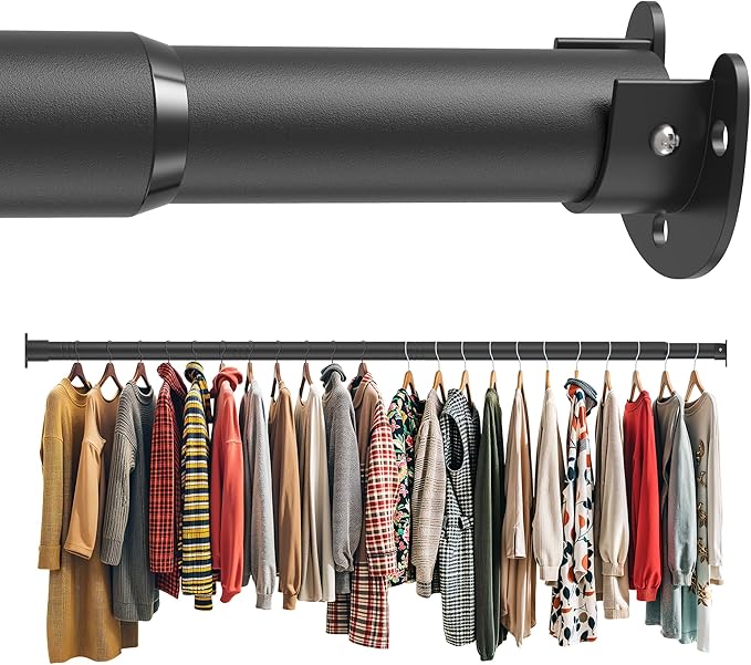 Closet Rod 50-87 Inches, Adjustable Heavy Duty Metal Black Closet Rods for Hanging Clothes 1.3 Inches Diameter for Wardrobes Laundry