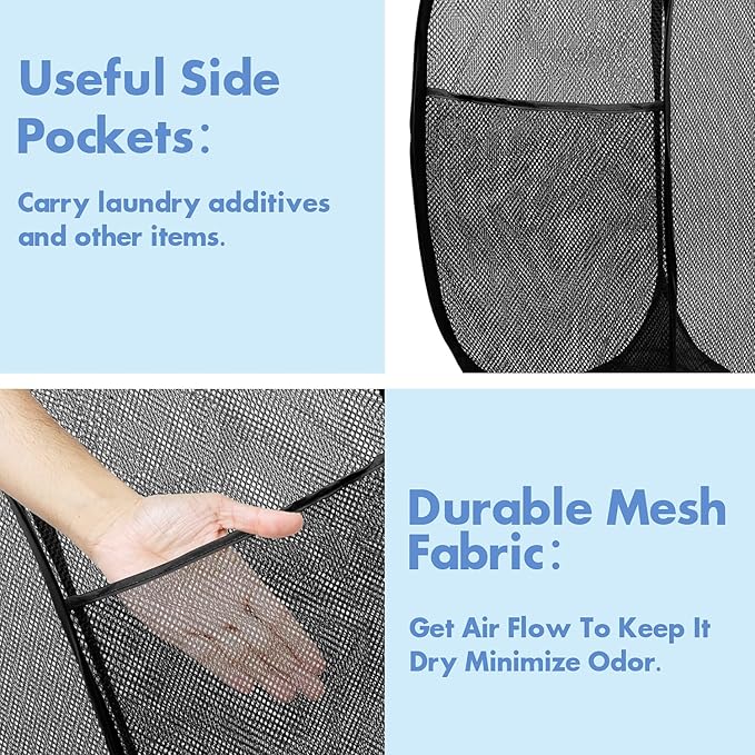 DUCOO Pop Up Laundry Hamper, 70L Collapsible Mesh Laundry Basket with Side Pocket, Foldable Dirty Clothes Hamper with Sturdy Reinforced Handles for Home Dorm Bedroom Travel Storage, Black, 2Pack