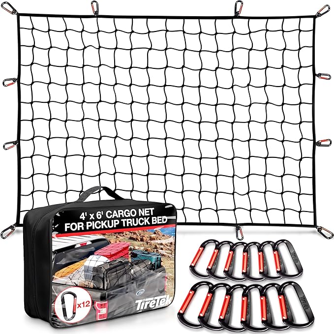 Cargo Net for Pickup Truck Bed (4'x6' Stretches to 8'x12') Double Thick Heavy Duty Truck Bed Net for Dad & Husband - 12 Metal Carabiners, Bungee Mesh Accessory with Strap Hooks