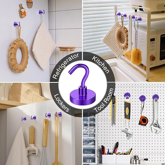 MIKEDE Magnetic Hooks, 50Lbs+ Heavy Duty Magnet Hooks for Cruise Cabins, Super Neodymium Hanging Hooks Strong Magnets with Hook for Fridge, Magnetic Hanger for Grill, Toolbox, Storage(Purple, 4 Pack)