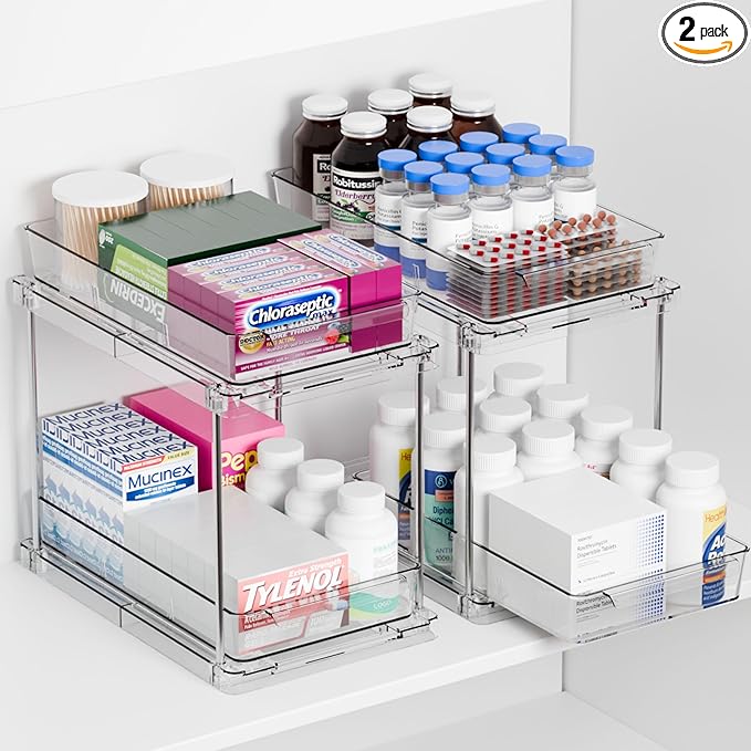 Yieach 2 Pack 2 Tier Pull Out Drawers for Medicine Cabinet Organizer,Bathroom Under Cabinet Storage,12.1″ Deep Pantry and Medicine Shelf Organizer for Toiletry Product,Vitamin Bottle and Supplement