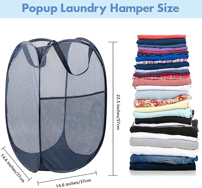 DUCOO Pop Up Laundry Hamper, 70L Collapsible Mesh Laundry Basket with Side Pocket, Foldable Dirty Clothes Hamper with Sturdy Reinforced Handles for Home Dorm Bedroom Travel Bathroom Storage, Blue