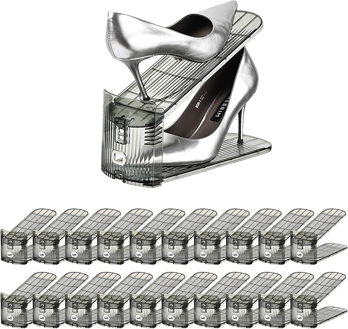 Shoe Slots Organizer，20 Pack Shoe Stackers for a Pair of Shoes,Adjustable Shoe Rack with Three Levels，Grey