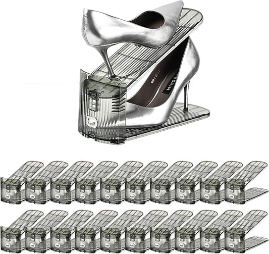 Shoe Slots Organizer，20 Pack Shoe Stackers for a Pair of Shoes,Adjustable Shoe Rack with Three Levels，Grey