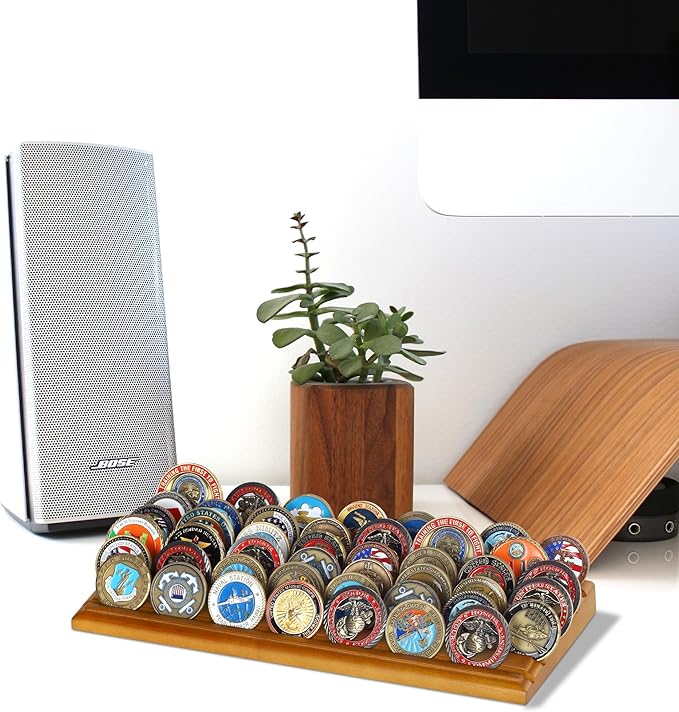 DisplayGifts Challenge Coin Display Stand, 6 Row Wooden Holder Rack Case Holds 42 Coins (Light Walnut Finish - 6 Rows)