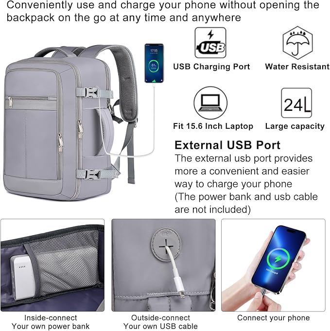 EZUOLA Personal Item Travel Backpack for Men Women,Carry On Backpack with Shoe Pouch, TSA 15.6inch Laptop Mochila Flight Approved,College Teacher Bag Casual Daypack for Hiking Outdoor Weekend,Grey