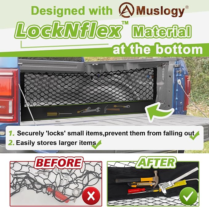 Muslogy Truck Bed Cargo Net Trunk Netting Compatible with Nissan Titan 2017-2025 Accessories, Pickup Cargo Organizer SUV Sedan Storage Net w/Heavy Duty Carabiners