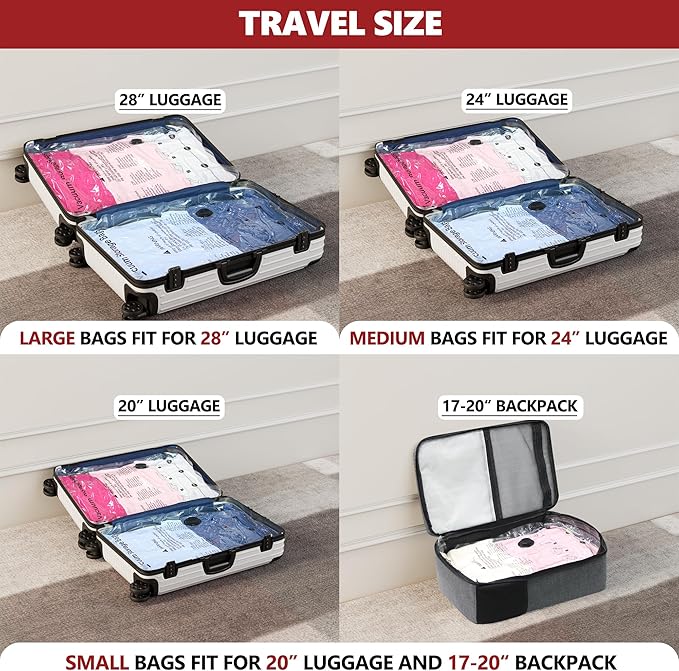 Vacuum Seal Bags for Clothing Travel and Home Storage, Travel Vacuum Bags with Electric Pump, Space Saver Compression Packing Cubes for Luggage Suitcase Bedding Blankets Clothes, 8 Large