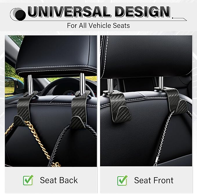 SINGARO Universal 2 Pack Car Seat Headrest Purse Hook, Carbon Fiber Back Seat Hook Storage Organizer Hanger for Purse Handbag Coat, Car Interior Accessories(Black)
