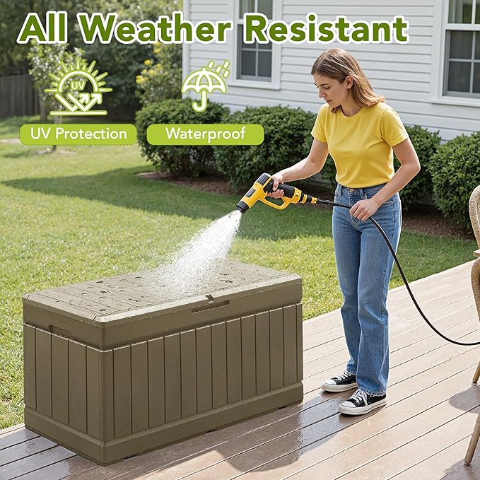 Devoko 78 Gallon Deck Box, Waterproof Resin Outdoor Storage Box for Outside and Patio, Outdoor Storage Bench Lockable for Patio Furniture, Garden Tools and Pool Supplies (Light Brown, 78 Gallon)