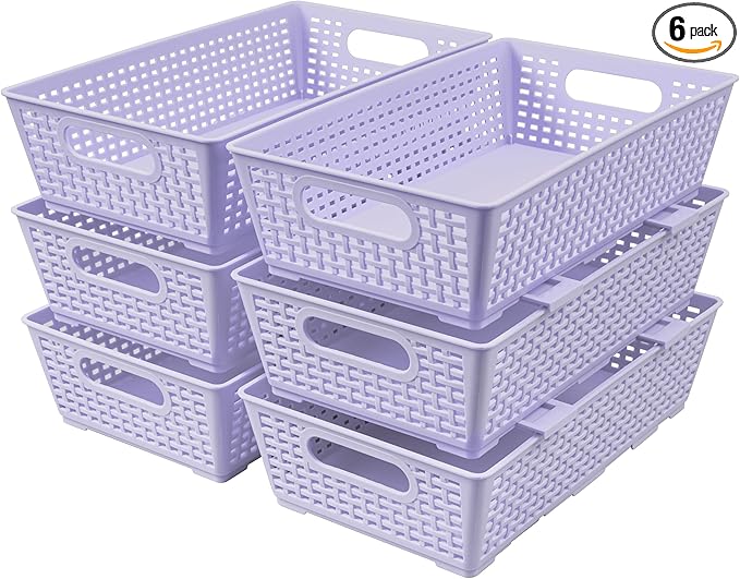 Tiawudi Stackable Woven Plastic Basket, Storage Bins for Cabinet, Closet, Shelf, Under Sink and Countertop, Pantry Organizer Bins, 6 Pack