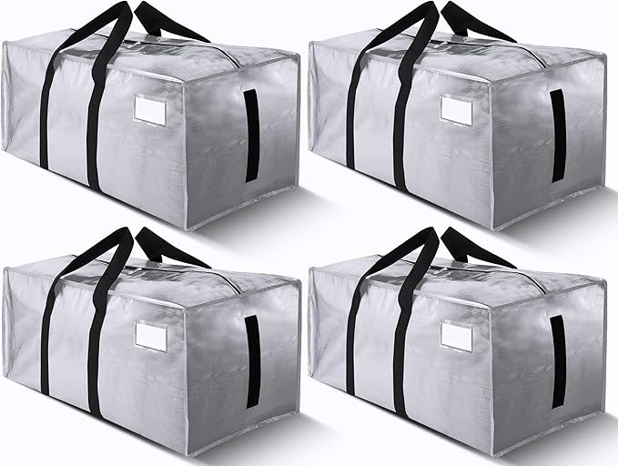HOMESURE Supports 200lbs Heavy Duty Moving Bags - Strong Zipper & Wrap-Around Handles - Water-Resistant Storage Totes, Durable Alternative to Moving Boxes - 4 Pack - Silver