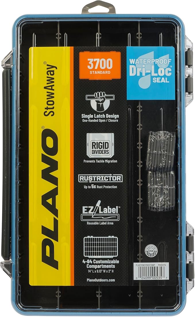 Plano StowAway 3700 Waterproof Stow Tackle Box, IPX7 Waterproof, with Rustricor, Single Latch Design, Transparent DuraView Lid, Stackable Storage for Fishing Bait, Lures and Gear