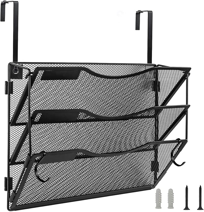 BOHDK Wall File Organizer 3 Pockets, Mail Organizer, Hanging Folder Holder, Foldable | Hanging or Wall Mounted | Label Panel | 2 Hooks | Office Home School Organizer, Black