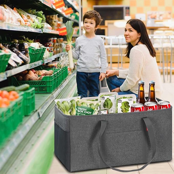 LHZK Standing Extra Large Utility Tote Bag with Metal Wire Frame and the Sides Rinforced, Extra Large Tote Bag with Handle, Reusable Grocery Bags Foldable, Beach Bag, Car Tote (Grey) | Metal Wire Frame