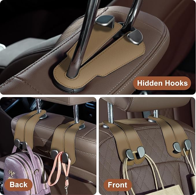 CoBak Purse Hook for Car - Universal Premium Stitched Leather and Aluminum-Magnesium Alloy Double Car Seat Back Storage Hook for Purses, Handbags, Bags (2 Pack),Khaki Beige