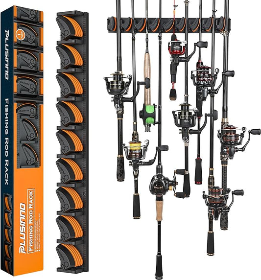 PLUSINNO V9 Vertical Fishing Rod Holders, Wall Mounted Fishing Pole Holders, Fishing Rod Rack Holds Up to 9 Rods or Combos, Fishing Rod Holders for Garage,Fishing Gear and fishing Gifts for Men