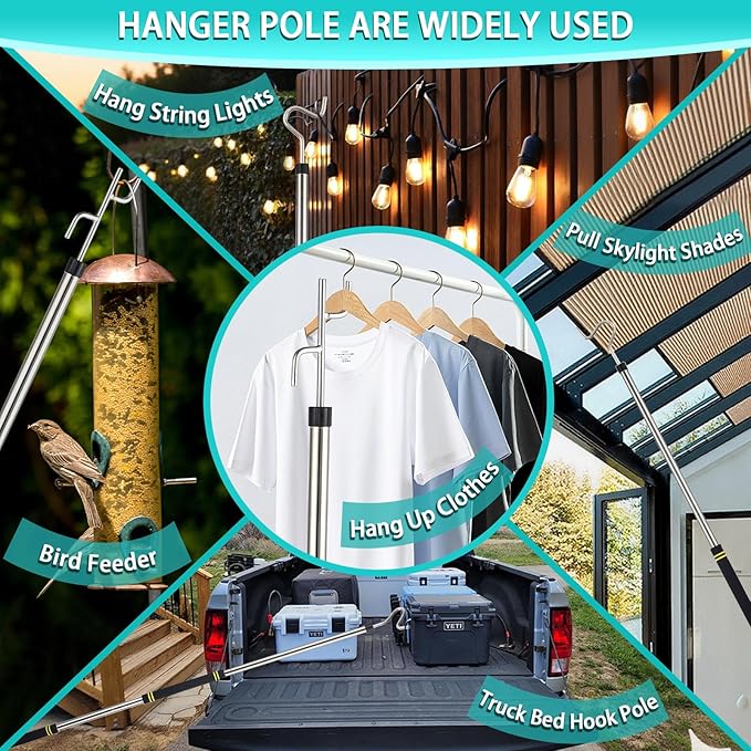 Clothes Hook Pole for Closet,32 to 80In Truck Cargo Recovery Bar Long Handle with 2 Hooks Hanging Birdfeeder and Wind Chime Stainless Steel Tube for Home Outdoor Decorate (Black Yellow)