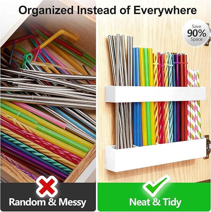 9.5” Large Acrylic Straw Holder for Cabinet Door, Reusable Adjustable Two-Part Straws Organizer with Ultra Sticky Adhesive Strips, 2026 Straw Storage for Kitchen Cupboard