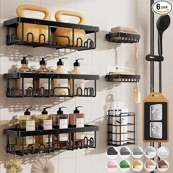 Veken Shower Caddy 6-Pack, Advanced Rustproof Design, No Drilling Adhesive Shelves, Rack with Soap Holder, Large Capacity Bathroom Organizers and Storage, Wall-Mounted Kitchen & Home Decor
