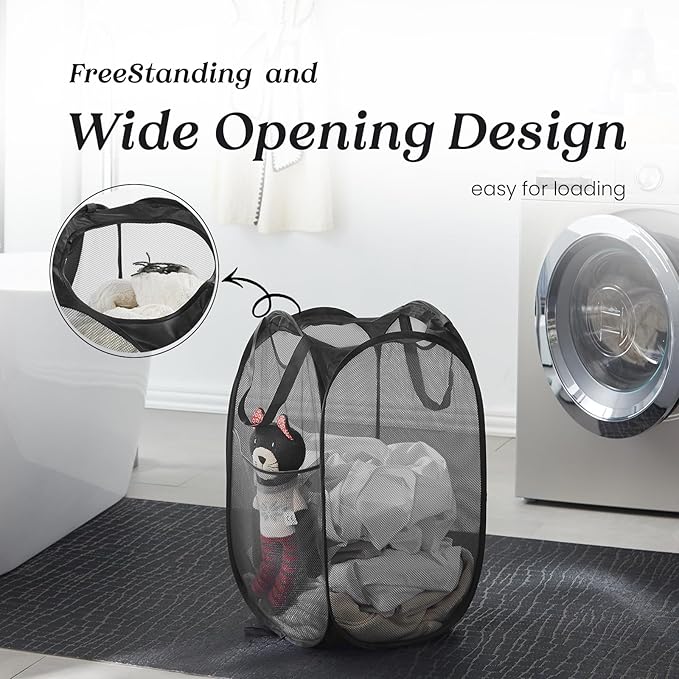 TECHMILLY Collapsible Mesh Pop Up Laundry Hamper with Sturdy Handles and Side Pocket - Portable Foldable Clothes Baskets for Dorm, Bathroom & Travel Storage (Black, 2 Packs)
