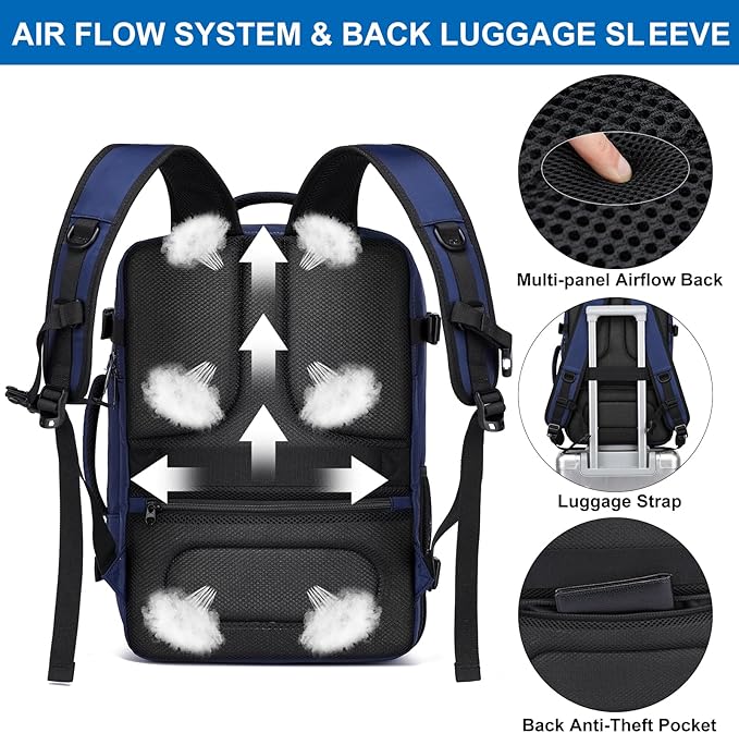 Travel Backpack for Men,Carry On Backpack with Shoe Pouch, TSA 15.6" Laptop Back Pack Flight Approved, College Gym Bag Casual Daypack for Weekender Business Hiking,Bookbag Travel Essentials,Blue