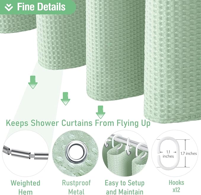 Dynamene Long Fabric Shower Curtain - 78 inch Long Waffle Weave Weighted Cloth Shower Curtains for Bathroom, Neutral Heavy Duty Hotel Spa Luxury Bath Curtain Set with 12 Hooks, 72x78, Mint Green