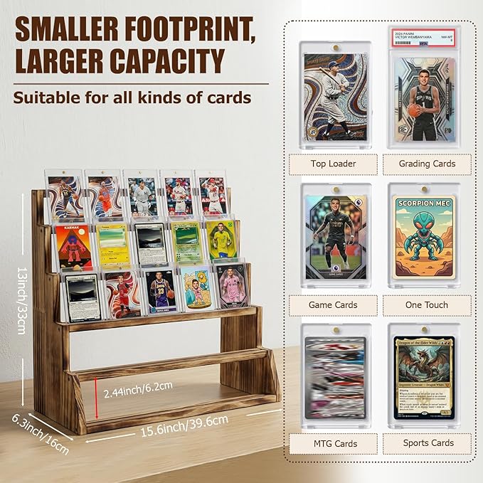 5 Tier Wooden Card Display Stand – Vertical Card Holder Display for Trading Cards, Game Cards, Sports Cards, Graded PSA/BGS/SGC, Baseball, Basketball&Football(Soccer) Card Stand, Desk & Shelf Organize,Charred Wood