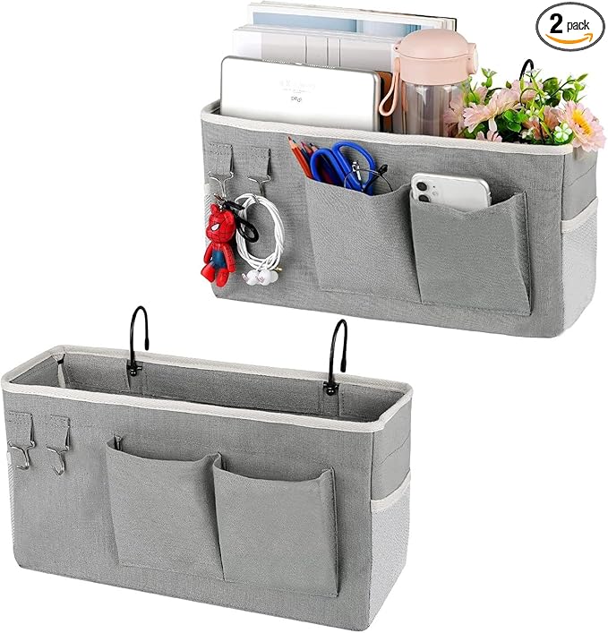 Bedside Storage Caddy/Bedside Hanging Storage Bag for Headboards Bunk Beds Dorm Rooms Book Phone Magazine Holder (2PC Grey)