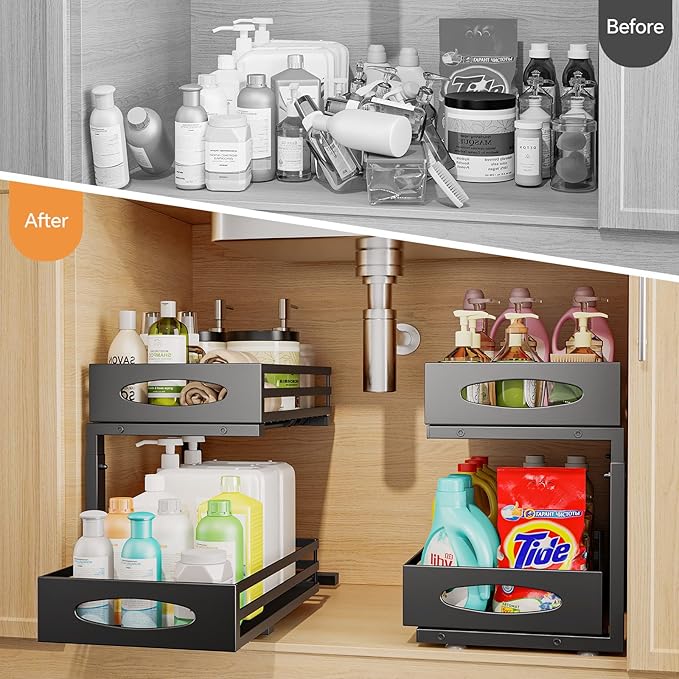 Under Sink Organizer, 2 Tier Under Sink Organizers and Storage, Adjustable Height, Slide out Metal Cabinet Organizers, Pull out Cabinet Storage Drawer Shelf for Kitchen Bathroom Black 1Pack