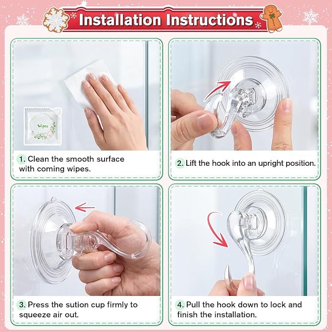 VIS'V Wreath Hanger, Large Suction Cup Wreath Hooks with Wipes, Heavy Duty, 22 LB Capacity, Removable and Reusable, Clear, 2 Pcs