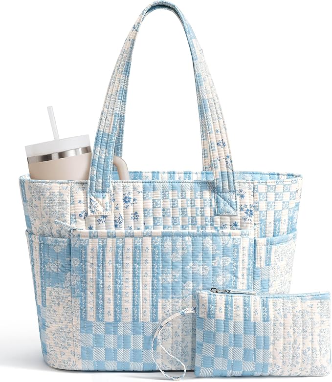Bagstellar Puffer Tote Bag for Women, Quilted Cotton Laptop Work Tote Shoulder Bag for College School, Teacher, Nurse, Travel | Top Full-zip Closure