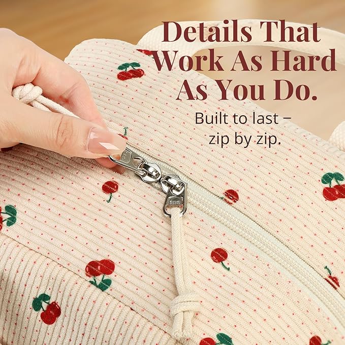 LOVELYWIND Insulated Cherry Lunch Bag for Women, Stylish Corduroy Tote with Aluminum Lining, Large Capacity Reusable Cooler for Work, Travel, Beach or Picnic, Beige Cream Water-Resistant Lunch Box