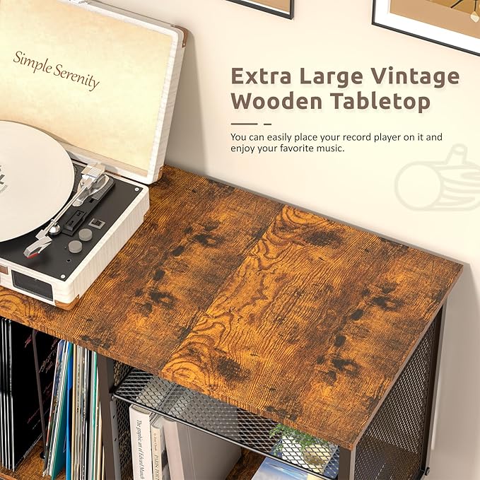 Record Player Stand with Adjustable Divider Vinyl Storage Holder Up to 200 Albums Mid-Century Large Record Player Table Vinyl Holder Turntable Stand End Table for Bedroom & Living Room, Patent Pending