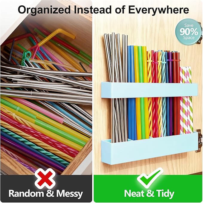 9.6” Large Acrylic Straw Holder for Cabinet Door, Reusable Adjustable Two-Part Straws Organizer with Ultra Sticky Adhesive Strips, 2026 Straw Storage for Kitchen Cupboard(Mint Blue)