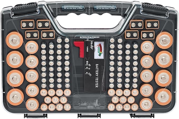 Battery Daddy Storage & Organizer Case w/Tester, Stores & Protects Up to 180 Batteries, Double-Sided, Clear Locking Lid, Secure Latches & Portable Carrying Handle - Charcoal (Batteries Not Included)