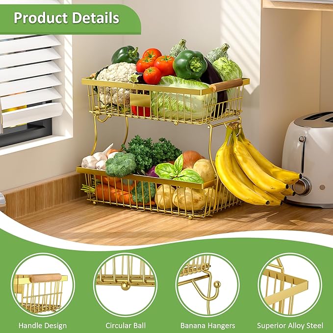 2 Tier Fruit Basket for Kitchen Counter with 2 Banana Hangers, Countertop Metal Fruit Bowl with Wooden Handle, Large Storage Stand for Vegetables, Snacks, Breads, Produce Storage – rose gold
