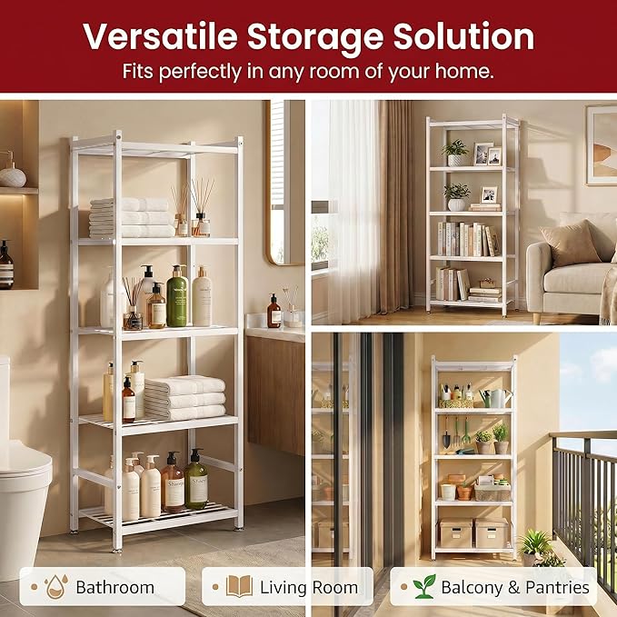 Small Storage Shelves, 5-Tier Metal Shelving Unit with Adjustable Feet, Compact Shelf Organizer for Garage, Kitchen, Pantry and Closet Organization, 17.7" x 11.8" x 56.3",White