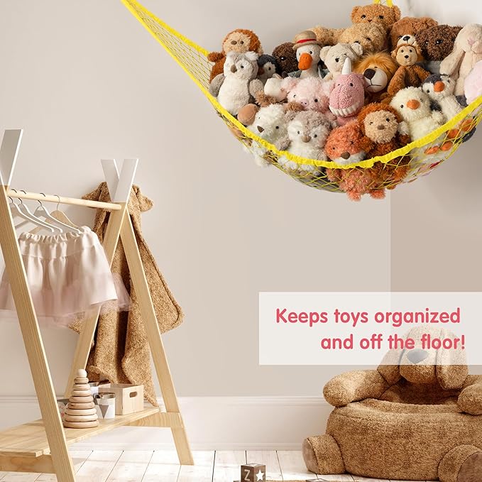 Stuffed Animal Storage Hammock Net Corner - Large Toy Hammock Net for Stuffed Animals Room Decor - Cute Stuff Animal Organizer Holder for Plush Plushie - Kids Baby Nursery Wall Bedroom Home Decor