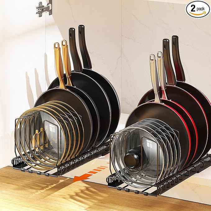 Housolution 2 Pack Pull Out Pot and Pan Organizer for Under Cabinet, Slide Out Pot Lid Organizer with 10 Adjustable Dividers, Sliding Pan Holder Storage Rack Inside Cabinet, Black