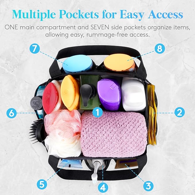 Lifewit Mesh Shower Caddy 2 Packs, Freestanding Portable Shower Tote Bag for Dorm, Bathroom, Gym, Travel, Quick Dry Hanging Organizer with 7 Storage Pockets for Toiletry Essentials, Black&Grey