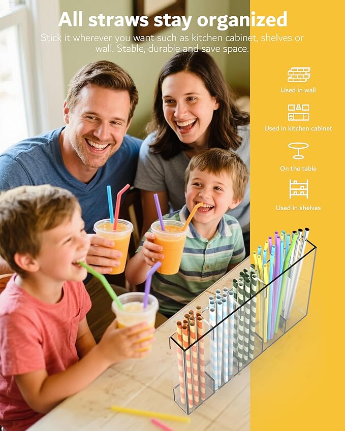 Magnetic Acrylic Straw Holder for Fridge - 5 Slot Sturdy Kitchen Organizer, Adhesive-Free Refrigerator Storage for Metal, Glass, Silicone Straws & Utensils (Clear-Magnetic Type-5C)