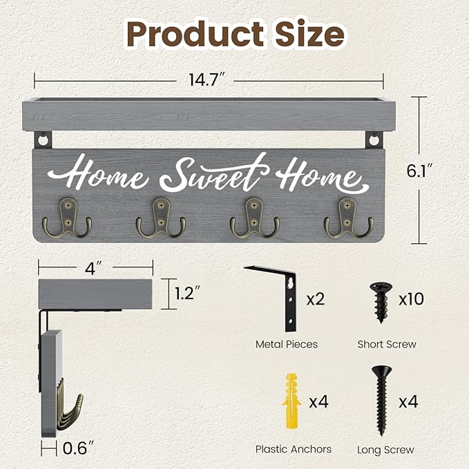 buways Key Holder Wall Mount with 4 Double Hooks-Solid Wood Wall-Mounted Organizer for Keys&Mail Rustic Key Rack Hanger Holder Home Decor for Entryway Living Room (Gray)