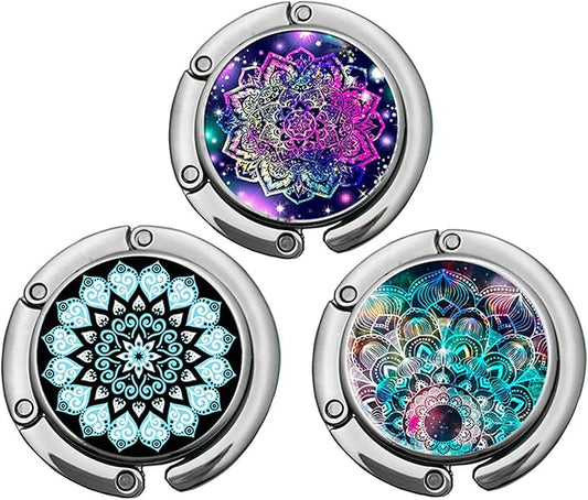 Bosketo Foldable Purse Hook Womens Bag Table Hanger Collection Desk Hooks for Purse (3pack Mandala-Hook)