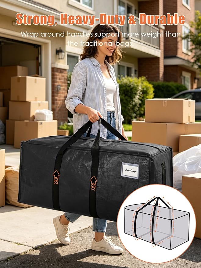 SWEET DOLPHIN 12 Pack 200LB Heavy-Duty Moving Bags with Wrap-Around Handles, Extra Large Storage Totes for Space Saving, Clothes Storage Bags, College Dorm Essentials, Black, 24 Gal