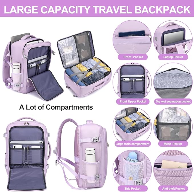 EZUOLA Travel Backpack for Women, 25L Carry On Backpack Airline Approved,Personal Item Travel Bag,Bookbag for College Essentials,Lightweight Work Back pack for Weekend Business,Gifts Purple