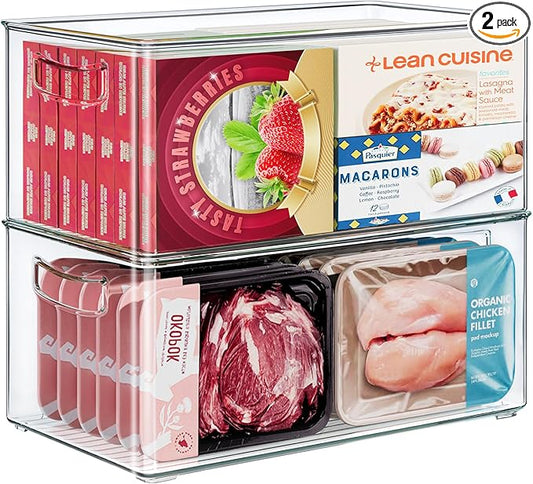 Heyuzb 2 Pack Clear Freezer Organizer Bins Stackable Storage Bins with Side Handles for Kitchen Pantry Cabinet Organzation and Storage