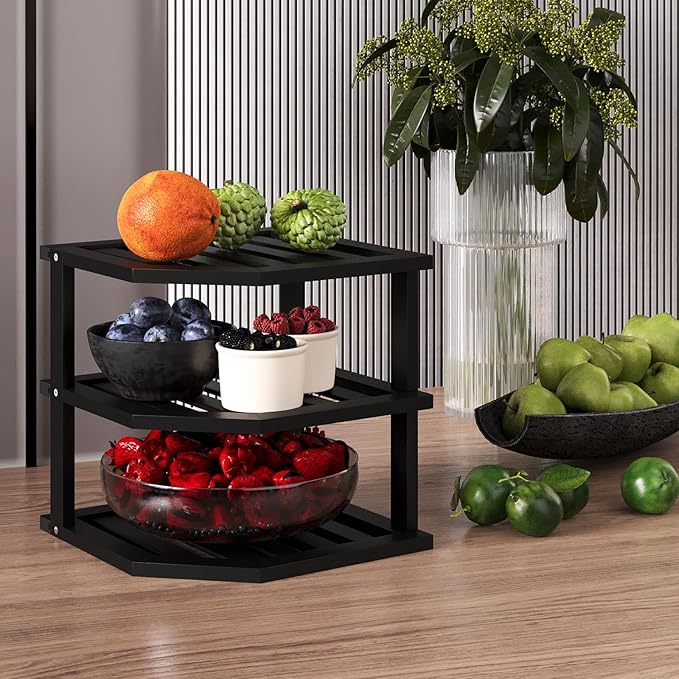 VERTORGAN 3 Tier Bamboo Corner Shelf(4 Pack),Dish Drying Rack,Plate Organizer,Kitchen Spice Rack for Countertop and Cabinet(Black)