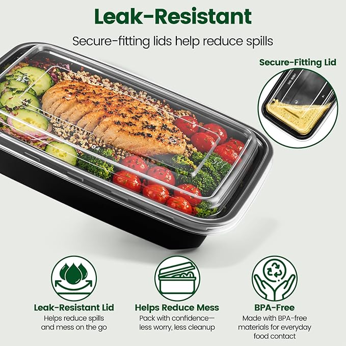 Meal Prep Containers with Lids 32oz-50 Pack & 50 Forks Individually Wrapped, Disposable Food Storage Containers BPA Free, Leak-Resistant, Microwave & Freezer Safe for Salad,Lunch,Take out,Togo Box