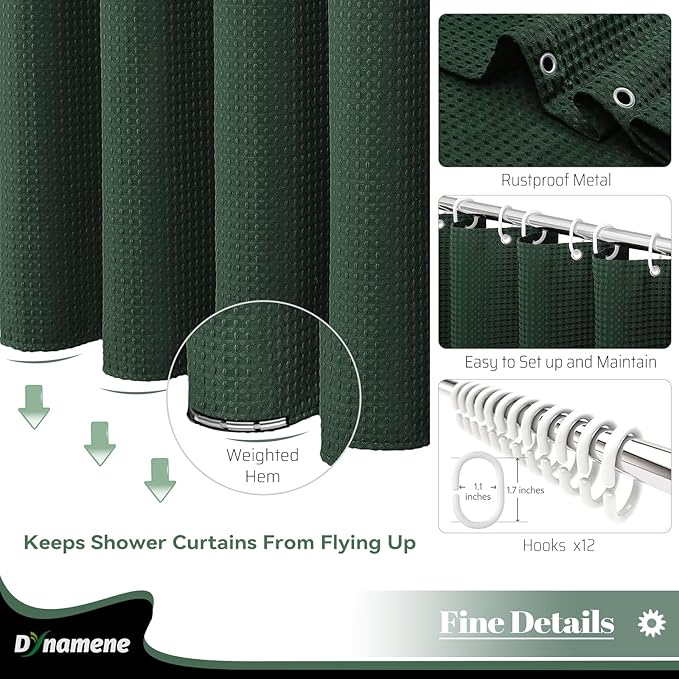 Dynamene Long Fabric Shower Curtain - 78 inch Long Waffle Weave Weighted Cloth Shower Curtains for Bathroom, Neutral Heavy Duty Hotel Spa Luxury Bath Curtain Set with 12 Hooks, 72x78, Dark Green